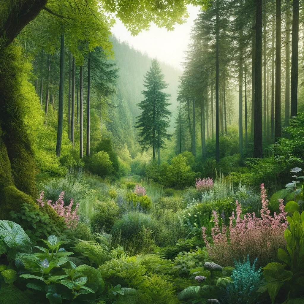 realistic image of a serene Oregon forest featuring tall, straight trees and a lush undergrowth rich in colorful floral herbs. The forest is depicted in a linear format, stretching across the image to create a sense of depth and continuity. This tranquil and biodiverse setting embodies the natural beauty of Oregon, perfect for representing healing and tranquility on a healthcare provider's website."
